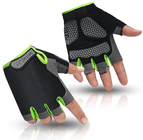 HuwaiH Bike Gloves for Men/Women, Cycling Gloves with Anti-Slip Shock-Absorbing Pad Half Finger Biking Bicycle Gloves (Black/Green, Medium)