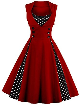 Axoe Damen 50er Jahre Cocktailkleid Rockabilly Elegantes Faltenrock Festliches Partykleider Vintage Kleid Audrey Hepburn Abendkleider mit Polka Dots Knielang, Weinrot, 2XL (46 EU)