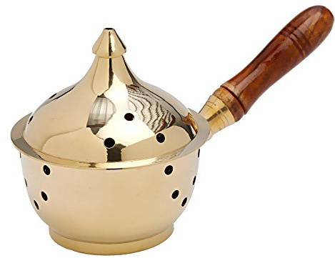 NKlaus Messing-Räucherpfanne Gold mit Holzgriff für Duftstäbchen