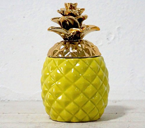 Colorido recipiente de cerámica con tapa en forma de piña – Tarro de galletas, recipiente de almacenamiento, tarro de alimentos hecho a mano, con corona metálica dorada brillante de color aguamarina,