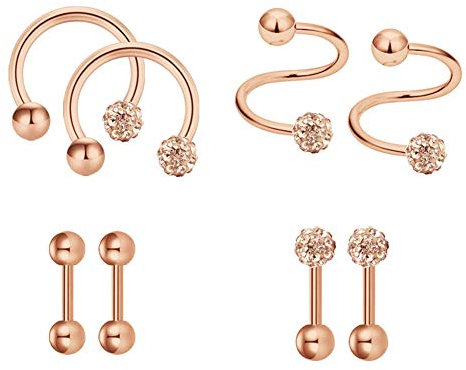 Mayhoop 8 Pièces 16G Piercing Cartilage Tragus Oreille Acier Chirurgical Boule de Cristal Fer à Cheval Barbells Labret Studs Or Rose Bijoux de Piercing