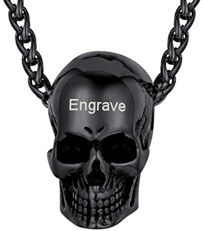 FaithHeart schwarz Skull Kette mit Wunsch Gravur herren Kette mit Totenkopf Anhänger mit Geschenkebox für Kinder und Jugendlichen