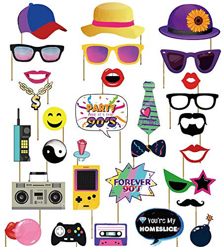 JeVenis 30 Stück 90er Jahre Photo Booth Requisiten 90er Jahre Requisiten 90er Jahre Dekorationen 90er Jahre Party 1990er Jahre Throwback Party Theme Photo Booth