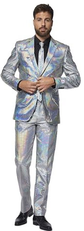 OppoSuits Silberner Anzug für Herren, Silvesterparty, holografisches Karomuster, Silber, inklusive passender Jacke, Hose und Krawatte, Discoballer, 62