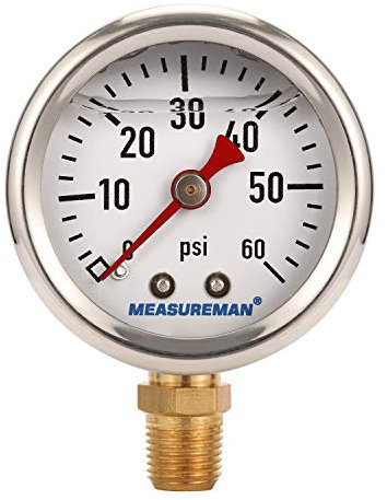 MEASUREMAN 1-1/2 Dial Size, Glycerin Filled Fuel Pressure Gauge, 304 Stainless Steel case, 0-60Psi, +/-3-2-3%, 1/8 NPT Lower Mount