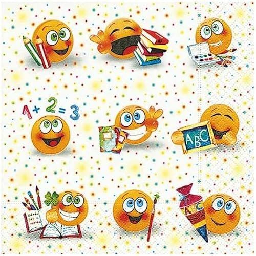 Servietten Schul-Anfang School Fun Emojis mit Buchstaben & Zahlen - Tisch-Deko Dekoration Schule ABC-Schützen Einschulung Junge & Mädchen 40 Servietten