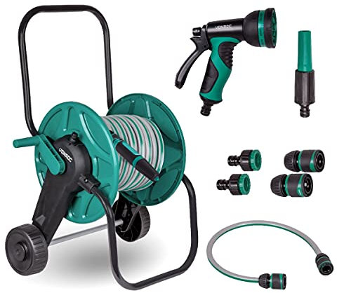 VONROC Komplett-Set Rollwagen mit Gartenschlauch 20m - Spritzpistole, Bewässerungsdüsen, Schlauchverbinder, Anschlussschlauch und Wasserhahnanschluss
