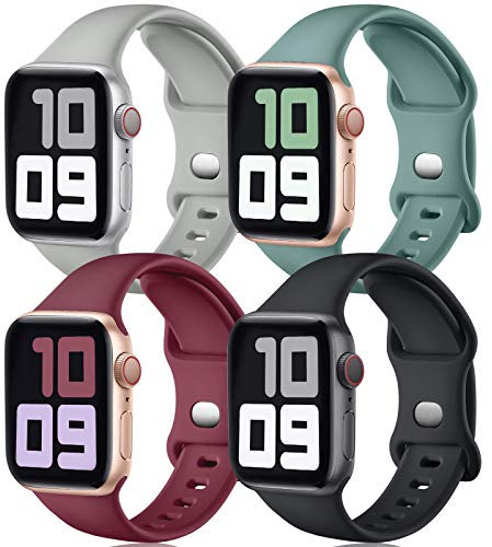 JUVEL Armband Kompatibel mit Apple Watch 38mm 40mm 41mm, 4 Stück Silikon Ersatzbänder Kompatibel für iWatch SE Series 9/8/7/6/5/4/3, Ultra/Ultra 2, Schwarz/Weinrot/Grau/Kieferngrün