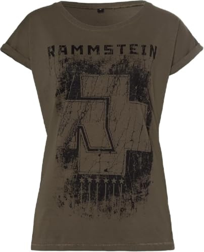 Rammstein Frauen Damen Girlie Shirt 6 Herzen Oliv, Offizielles Band Merchandise Fan Shirt schwarz mit Front und Back Print (XL)