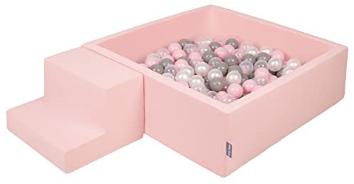 KiddyMoon Spielplatz Aus Schaumstoff Mit Quadrat Bällebad (200 Bälle) Ballgruben Für Babys Spielbad Hindernisläufen, Hergestellt In Der EU, Pink:Perle/Grau/Transparent/Puderrosa