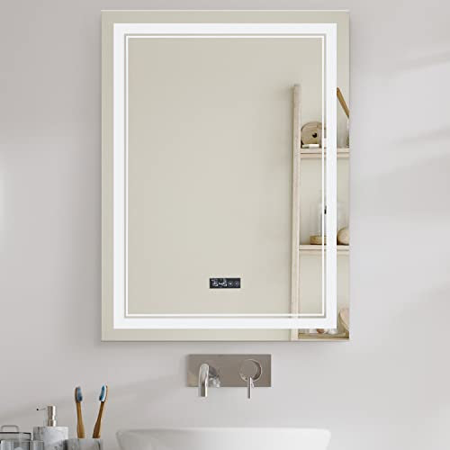 PUCHIKA Badspiegel mit Beleuchtung, LED Badezimmerspiegel 60x80cm, LCD Touchscreen mit Uhrzeitanzeige, Beschlagfrei, Wandspiegel, Warmweiß/Kaltweiß/Neutral 3000-6400K, IP44 Schutzklasse, A+