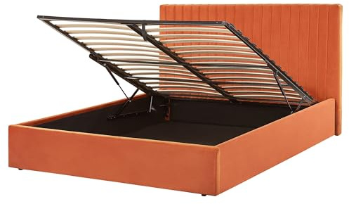 Beliani Polsterbett Samtstoff orange 160 x 200 cm mit Stauraum gestepptes Kopfteil Vion