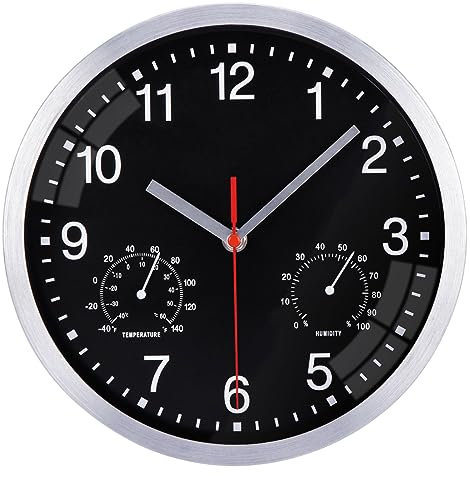 VIVILINEN 25CM Radio-controlado Reloj de Pared con Termómetro e Higrómetro Moderno Reloj Silencioso Sin Tictac Redondo Reloj de Pared Decorativo para Dormitorio Cocina Salón