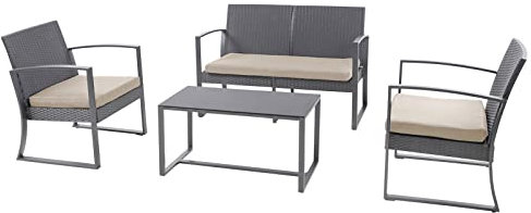 SVITA LOIS XL Poly Rattan Sitzgruppe Gartenmöbel Metall-Garnitur Balkonmöbel Tisch Sessel (Grau/Beige)