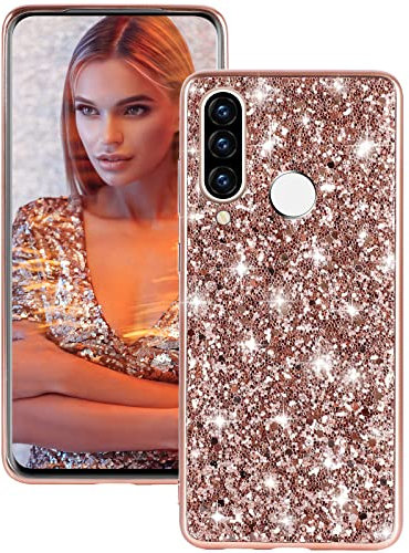 Huawei P30 Lite Hülle - Glitzer Bling Sparkle Stoßfest Anti-Kratzer Ganzkörper 360 Grad Schutzhülle Ultra Dünn Cover (Roségold)