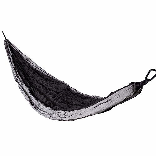 Ultra-Leichte Reisehängematte aus hochwertigem 210T Nylon, Robust und Groß, 275x140 cm, Tragkraft bis zu 250 kg, inklusive Befestigungsriemen und Karabinerhaken, Grau-Schwarz