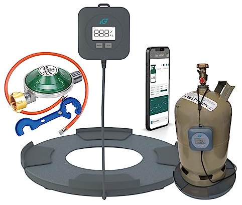 Bluecraft Gas-Füllstandsanzeiger für Gasflaschen inkl. Druckminderer 50mbar, Gasschlauch 100cm und Gasregler-Schlüssel Gasflaschenwaage iGasView Gaswaage