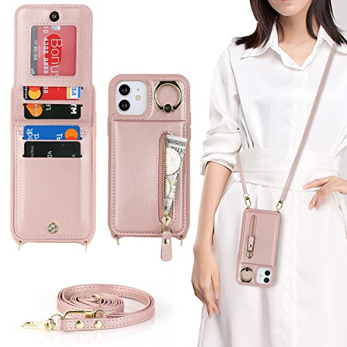 CAVOR Handykette Handyhülle Kompatibel mit iPhone 12/12 Pro Hülle Mit Band,Flip Leder Geldborse Hülle,[4 Kartenfach][Mit Ring][Reißverschluss],Handytasche zum Umhängeband - Rose Gold