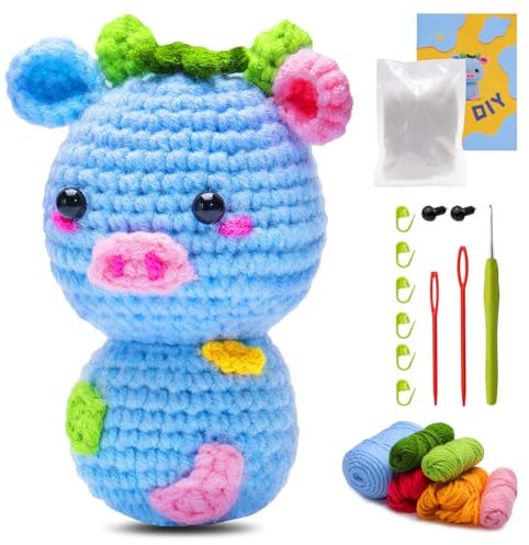 Juego de ganchillo de vaca lechera para principiantes, material de ganchillo de animales, vídeo paso a paso, vídeo instructivo, elefante, cachorro, vaca lechera, erizo, juego completo de ganchillo