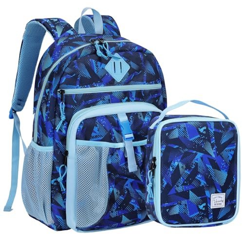 VASCHY Cartable Fille Garçon Primaire, Poches Multiples 2 en 1 Set de Sac à Dos Enfant Scolaire 6 à 9 Ans Grande Capacité Sac d'École avec Sac Repas pour Voyage Randonnée Abstrait Bleu