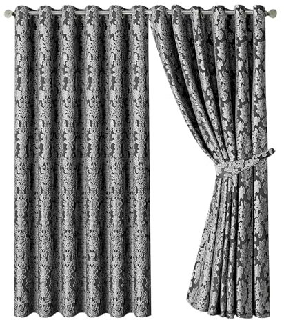 OpulentDreams Jacquard Curtains - Heavy Ring Top Window Curtains for Bedroom & Living Room - Fully Lined - Includes Two Tie Backs - Pair of Panels (Dark Grey - Eyelet, 66 x 72 (167 x 183 cm))