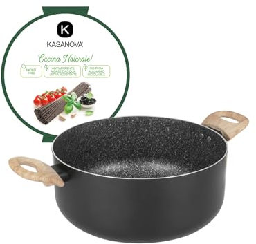 KASANOVA, Casseruola Antiaderente Black Stone di Kasanova, Antiaderente, Leggera, Adatta a Induzione, Design Elegante con Manici Effetto Legno (26 cm)