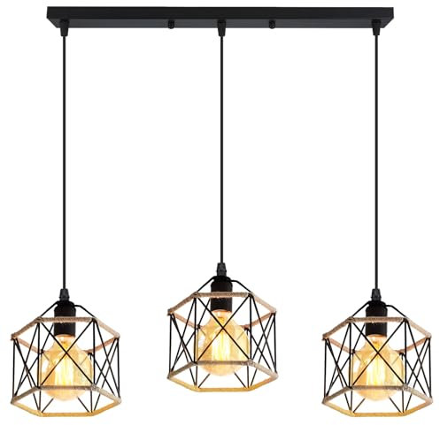 PETITES ECREVISSES 3 flammig Pendelleuchte Industrielle Vintag Hängeleuchte E27 Deckenleuchter mit Sechseck Design Lampe aus Eisen mit Hanfseil Pendellampe für Wohnzimmer Esstisch Küche