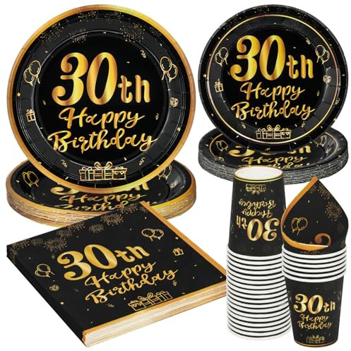 PARTY GO 96 Pcs Happy 30th Birthday Tableware Set, Black and Gold Paper Plates Cups and Napkins, Disposable Dinnerware Party Decorations for Women,Men 30th Birthday Party Supplies Serve 24 Guests