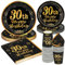 PARTY GO 96 Pcs Happy 30th Birthday Tableware Set, Black and Gold Paper Plates Cups and Napkins, Disposable Dinnerware Party Decorations for Women,Men 30th Birthday Party Supplies Serve 24 Guests