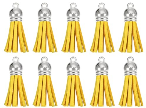 QUARKZMAN 30Pcs 1.5 Pouce Charme Porte-Clés à Pompons en Cuir Argenté Jaune | avec Capuchon, pour la Fabrication de Bijoux de Bracelets Pendentifs Décoration Artisanale DIY