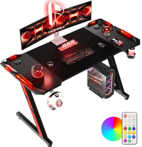 Homall Gaming Desk with LED Lights, 140 x 60cm RGB Gaming Table Z Shape, Large Computer Desk with Headphone Hook, Gamer Table for Home Office (Black)