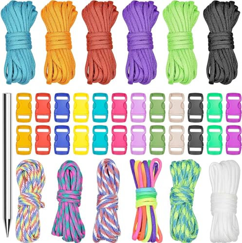 Wandefol 12 Colours 10 Foot Paracord Cord 550 Multifunctional Paracord Ropes Set with 24 Buckles for DIY Crafts, Survival, Camping, All Ages