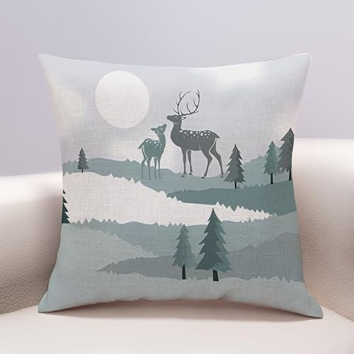 Kissenbezug 40x40 Beige Grüner Hirsch Dekokissen Leinen Kissenbezüge Hypoallergener Kissenbezug Pillow Cover für Sofa Schlafzimmer Gartenbett Balkon Auto Kissenhüllen