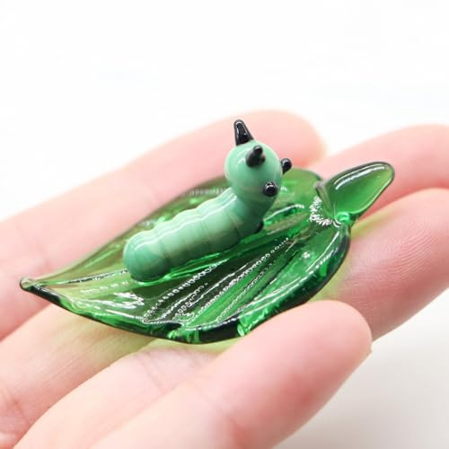 Crrezhai Mini Kristall Glasblatt Deko mit Insekten Handgeblasene Glasfigur für Wohnaccessoires, Naturkunstwerk, Sammlertstück Schnecke Grüne Würmer