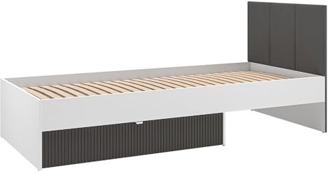 Lomadox Bettgestell Jugendbett 90x200cm mit Lattenrost, weiß mit Eiche und Graphit, mit Bettschublade