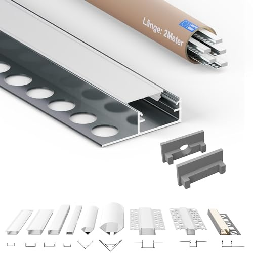 Tivendis Led Alu Profil 2 m F2 mit Zubehör für Strip/Streifen bis 14 mm breit | Abdeckung satiniert milchig | Einbau Abschlussleiste Abschlussprofil Fliesenschiene eloxiert 5er SET