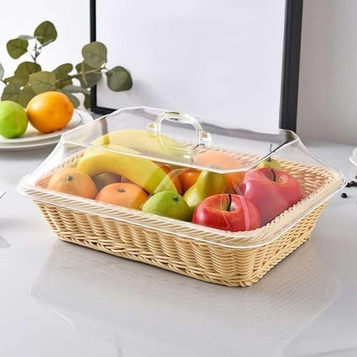 Carroterr wicker basket with acrylic lid, woven bread basket wicker bread basket, Wicker Basket With Lid for Food, Food Baskets for Serving Vegetable Snacks Tabletop Restaurant Kitchen Display