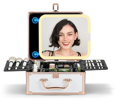OMIRO Make Up Box mit Beleuchtetem Spiegel, Kosmetikkoffer mit Abnehmbarem Magnetspiegel (Weiß, Konvex)
