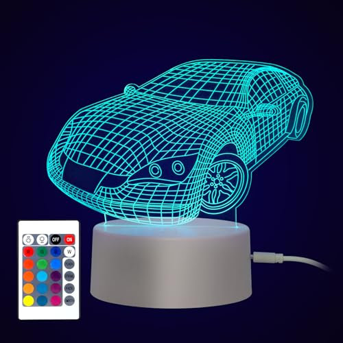 3D Nachtlicht Kinder Illusion Lampe - Smart Emotional Nachtlicht 16 Farben Mehrere Modi Dimmbar Touch Switch mit Fernbedienung und USB Kabel, Kinderzimmer Schlafzimmer Dekoration Geschenk(Auto)