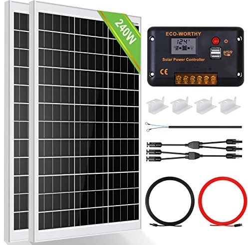 ECO-WORTHY Kit de panneau solaire 240 W 12 V 1 kWh/jour hors réseau pour camping-car, voiture, bateau, abri de camping : 2 panneaux solaires mono 120 W + contrôleur de charge solaire PWM 30 A +