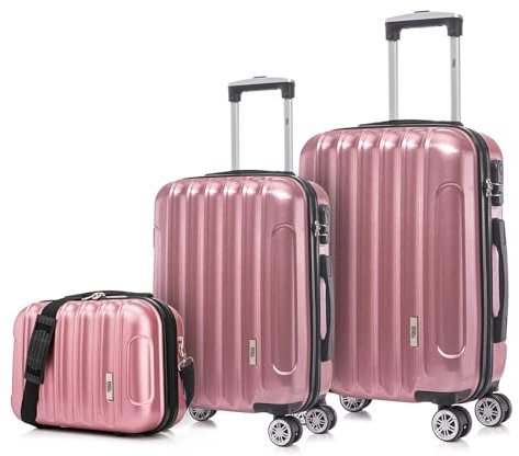 Set de 3 valises de Voyage Cabine 55x39x21cm (45L), Moyenne 65cm, Trousse de Toilette, Valise Rigide Polycarbonate - Or rosé