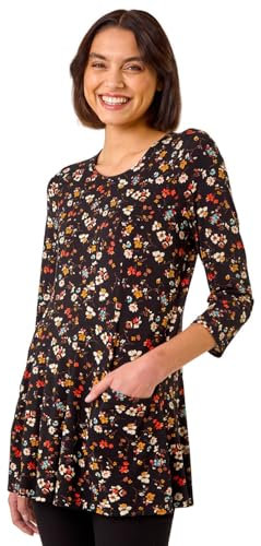 Roman Originals Swing Top with Pockets for Women UK Ladies Hanky Hem Asymmetric Tunic Blouse Longline Long Stretch Jersey Casual Round NeckTee Shirt T-Shirt - Black Multi - Size 12