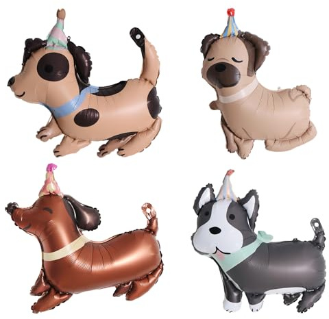 ZMDMAH 4 Stücke Hunde Geburtstag Luftballons Tiere Kindergeburtstag Deko Luftballon Tiere Folienballon Hund Geburtstag Helium Ballons Husky, Mops,Dackel Luftballon