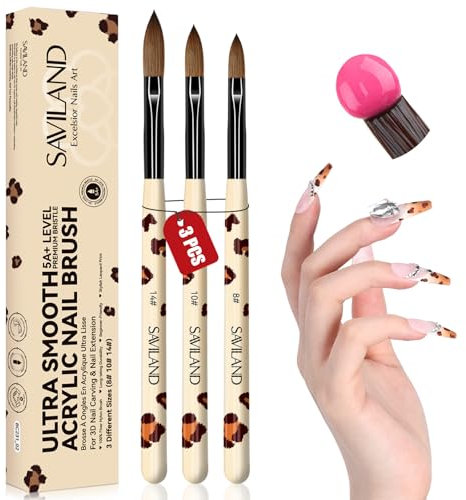 SAVILAND 3 Stück Acryl Pinsel für Nägel: Acryl Nagel Pinsel für Acrylpulver für Nägel 5A+ Level Premium Borsten Größe 8/10/14 Nailart Pinsel für Gelnägel Acryl Liquid Nagel Verlängerung Acryl Nagelset