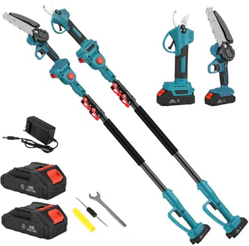 2-in-1 Cordless Electric Pruner & Chainsaw, Professional Long Reach Garden Tool with 2 Batteries, Automatic Branch Cutter