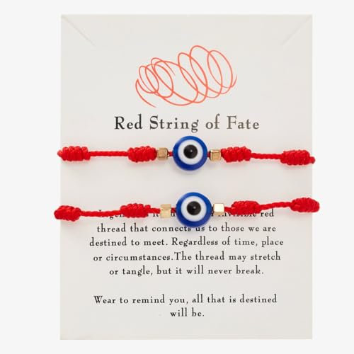 HAMKU 2 Pezzi di Filo Rosso del Destino, Braccialetti Rossi Regolabile, Bracciale Filo Rosso del Destino, Amuleto Della Possessione, Unisex, Comodo da Indossare, Alla Moda e Versatile(Con occhi blu)