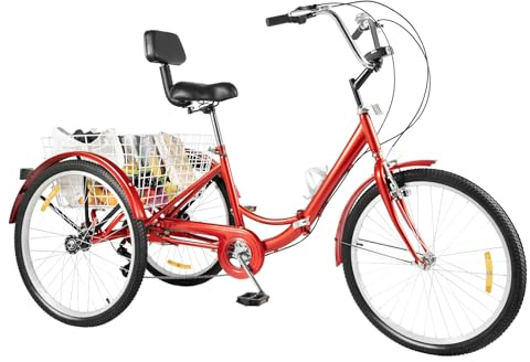 24 Zoll 7-Gang Dreirad für Erwachsene, 3-Rad-Cruiser-Fahrrad Lastenfahrrad Einkaufen Faltbares Dreirad mit Licht Becherhalter&Gemüsekorb, Verstellbarer für Erwachsene SeniorenOutdoor-Sport (Rot)