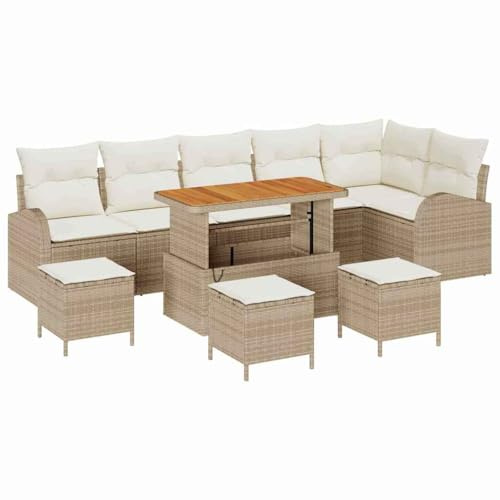 vidaXL 10-teiliges Garten-Sofa-Set mit Kissen in Beige aus Poly-Rattan und Akazie. Wetterfeste, modulare Eckcouch für Terrasse und Balkon. Sitzmöbel für die Lounge im Frühling und Sommer.