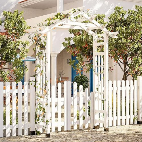 Weißer Gartenbogen aus Holz mit Tür – Pergola-Laube für den Außenbereich für Hochzeiten, Partys, Kletterpflanzen, Rasendekoration, Terrassen- und Hofverschönerung