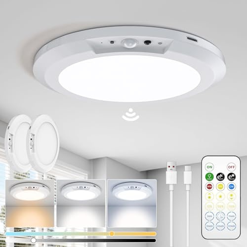 Rechargeable LED Ceiling Light, 10000mAh Battery Operated Bathroom Light with Remote 3 Colour Temperatures, Magnetic Mount, Wireless Indoor Motion Sensor Ceiling Lamp for Garage Hallway Shed (2 Pack)